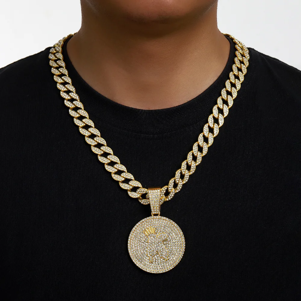 DIY accessories European and American hip hop diamond-encrusted letter K round brand sun pendant necklace men's trend street Cub