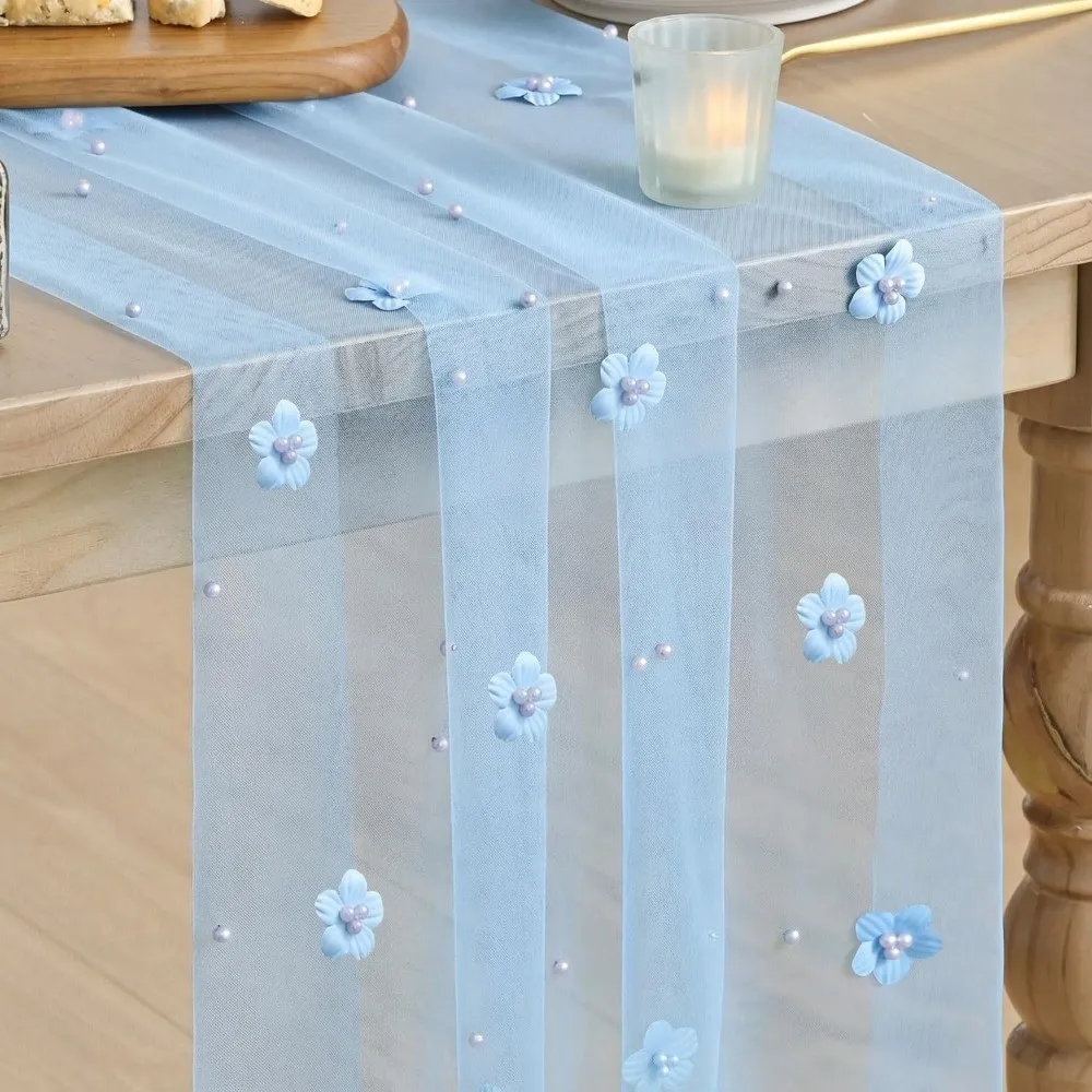 3D Flower Pearl Table Runner Romantic Semi-Transparent Tulle Table Runner Vintage Multi-color Wedding Table Runner Bridal Shower