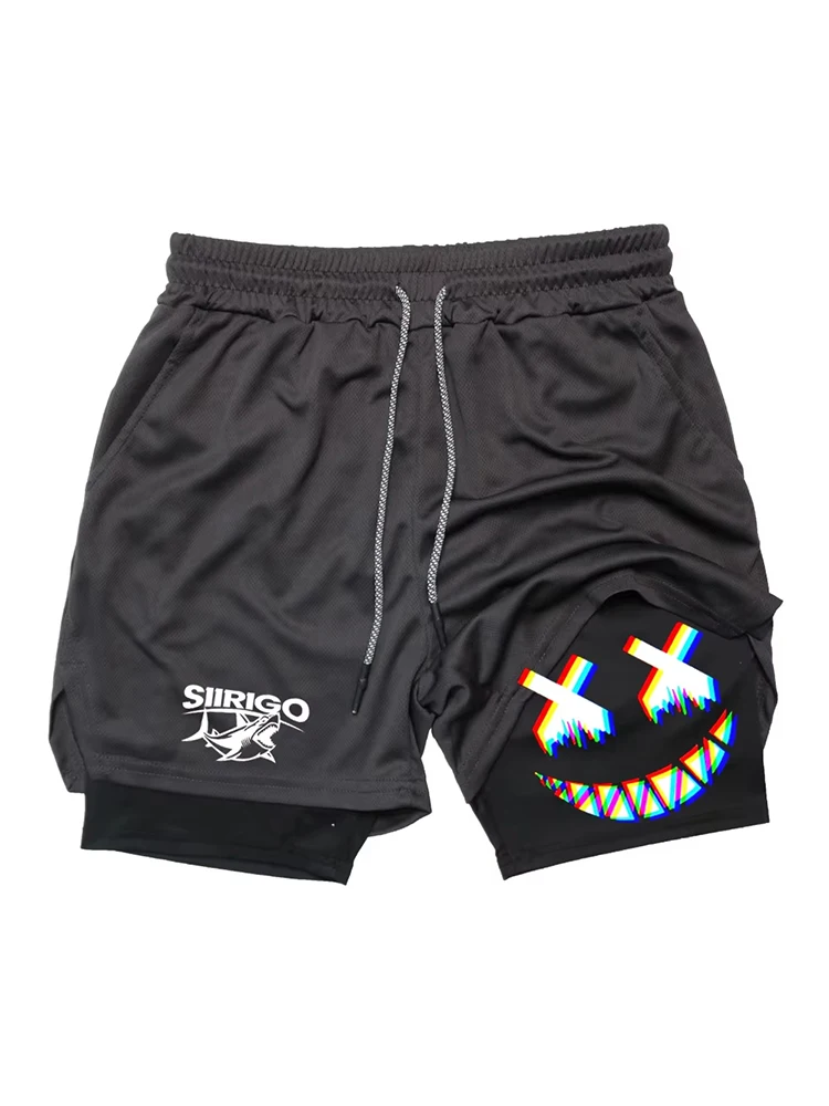 

Smiling face print men's breathable 2-in-1 double-layer shorts, quick drying sports shorts suitable for training and running