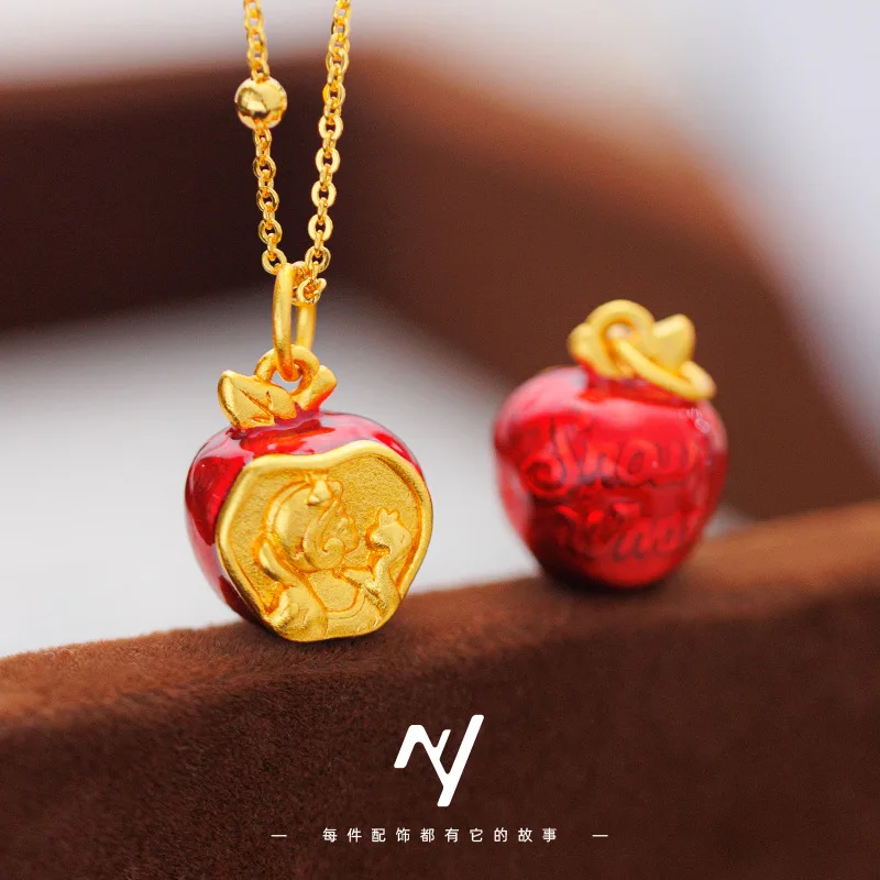 

Cynlo Jewelry Luxury 24K 9999 Pure Gold real gold Super Sweet Snow White Enamel Red Apple Pendant Women's Necklace