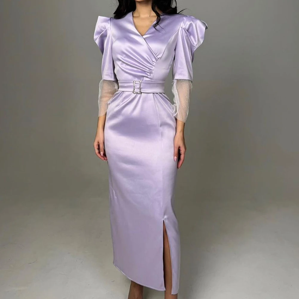 

Customized Fashion Satin Straight Crystal and Belt Evening Dresses V-Neck 3/4 Sleeves Special Occasion Gowns Photo Color