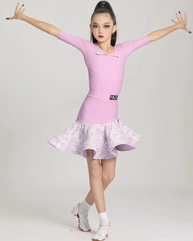 THEEPER Girls Latin Dance Dress Set, Lavender Purple 3/4 Sleeve Floral Skirt for Kids Latin Practice Wear, Latin Dance Costume view 5