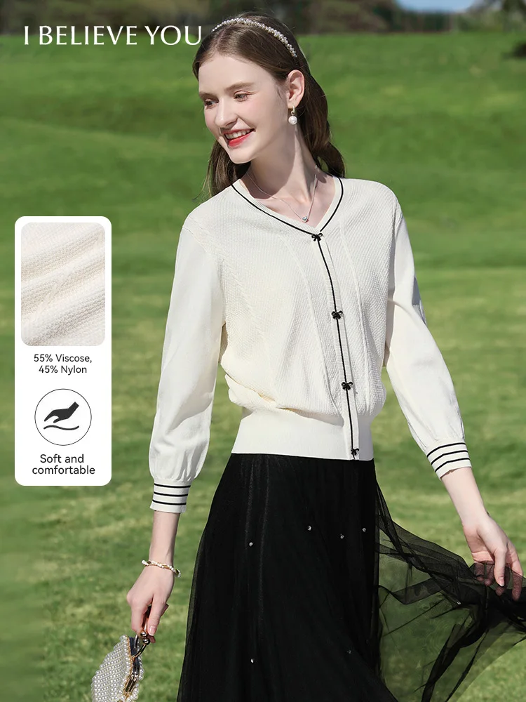 

I BELIEVE YOU Contrasting Striped Texture Knitted Sweater Spring 2025 Light Apricot V-neck Tops Bow Button Pullover 2251145931