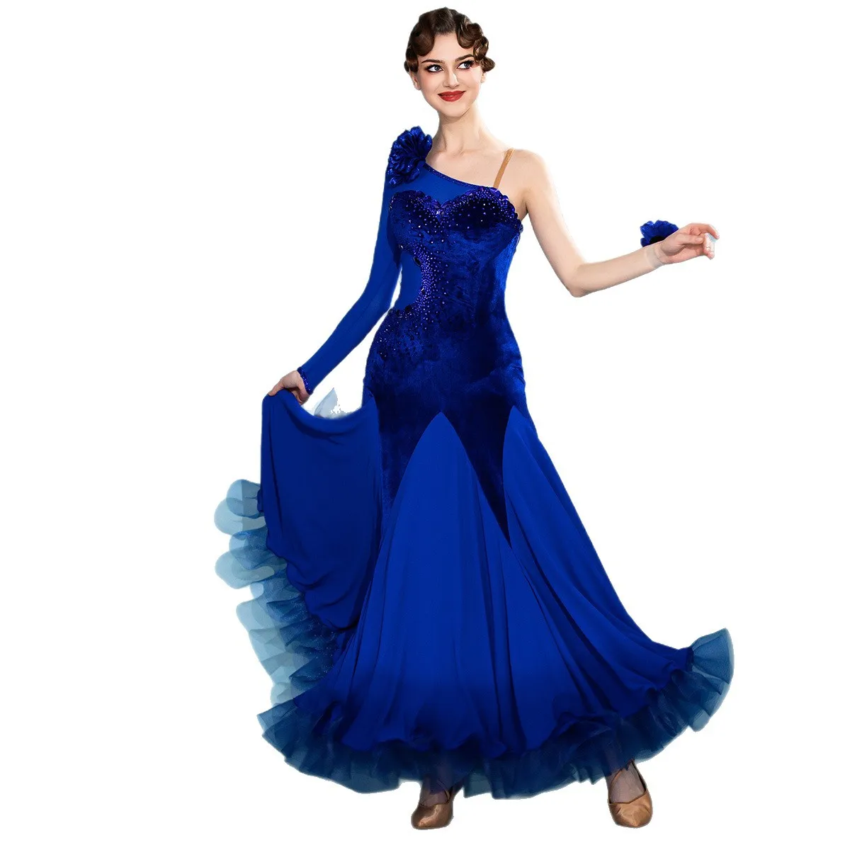 High-End Ballroom Dance Competition Dress For Women Single Shoulder Strap Diamond Waltz Dress Adult Modern Dance Dress DQS24165