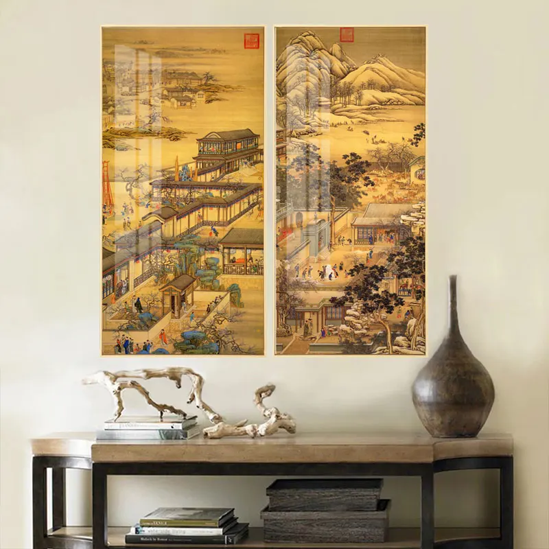 Chinese Stijl Canvas Schilderij Landschap Schilderen Chinese Karakters Mountain Peak Pijnboom Witte Kraan Posters Voor Huisinrichting