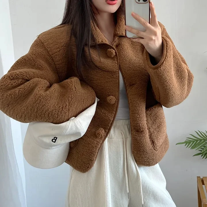 

Japanese Fashion Girls Winter Warm Coat Long Sleeves Turn Down Neck Berber Fleece Single Breast with Pockets