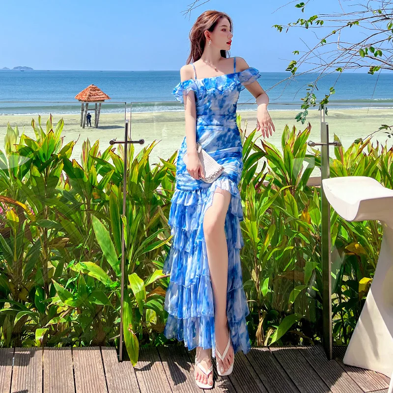 

Chiffon Tie Dye Beach Dress Camisole Ankle-length Slit Long Dresses Spring and Summer New Elegant and Pretty Women's Dresses