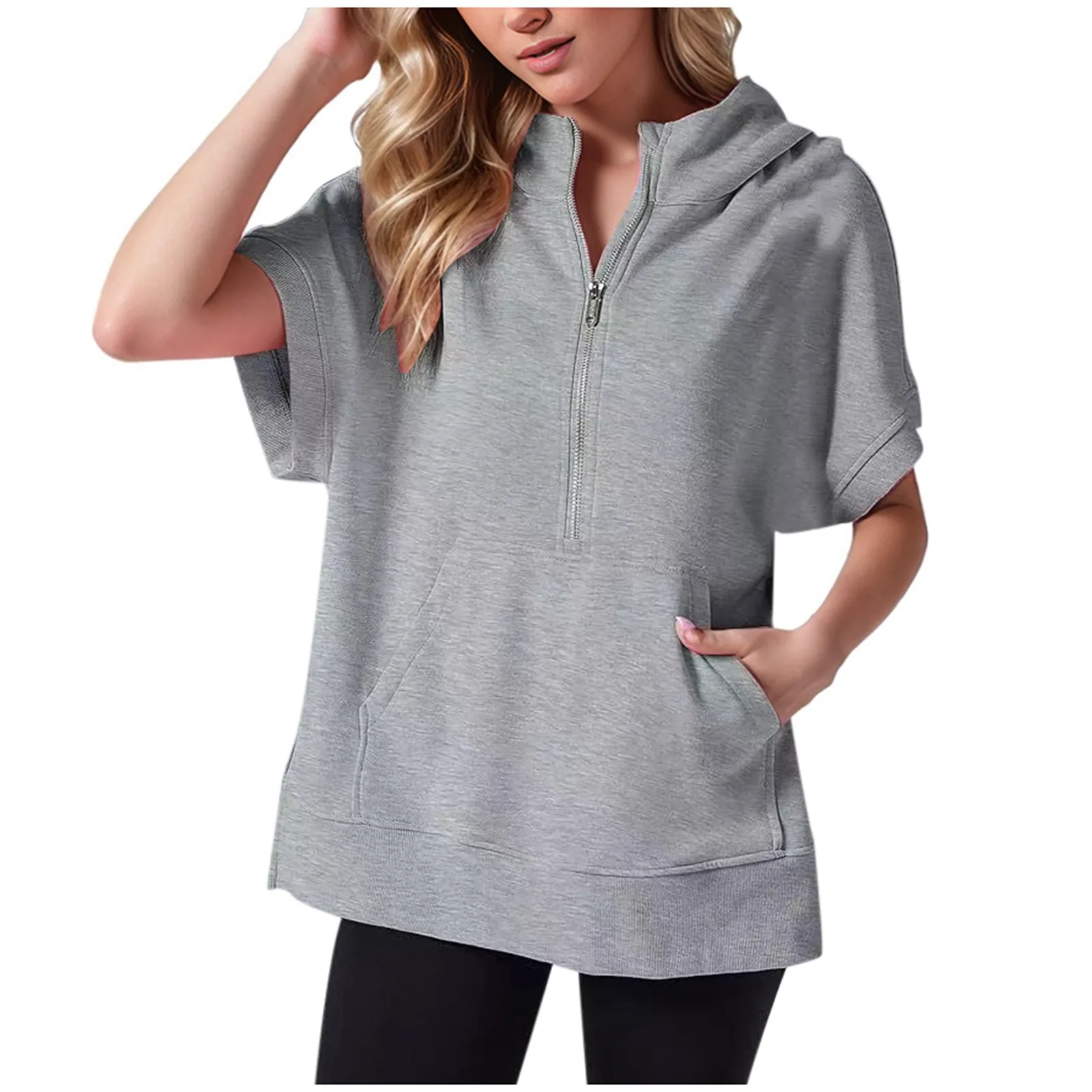 

Women‘s Casual Hooded Crop Tops Spring Summer Half Sleeve High Neck Solid Color Tee Shirts Female Pockets Loose Fit Blouse Top