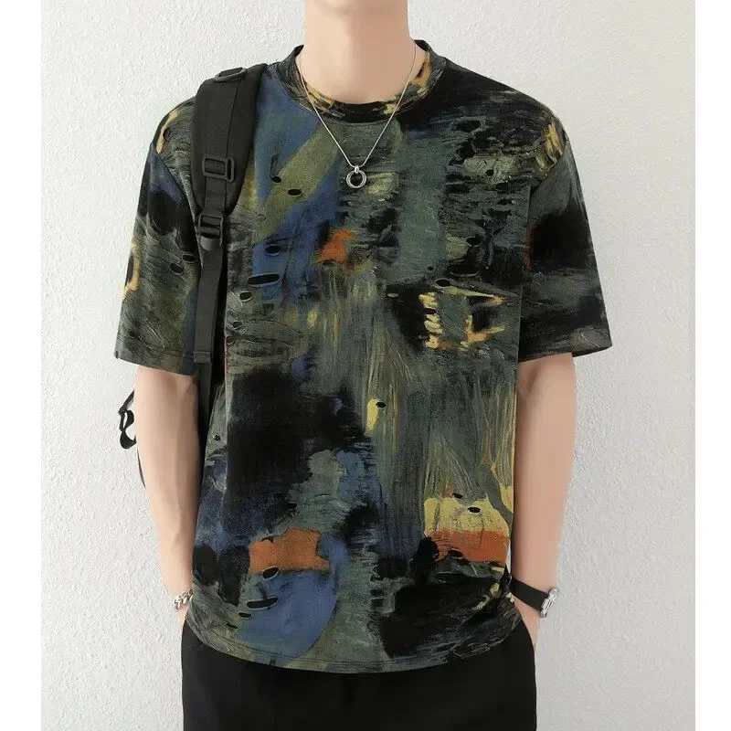 Men American Retro Tie Dye Abstract Print T Shirt Summer Distressed Hole Loose Half Sleeve Casual Streetwear Tops