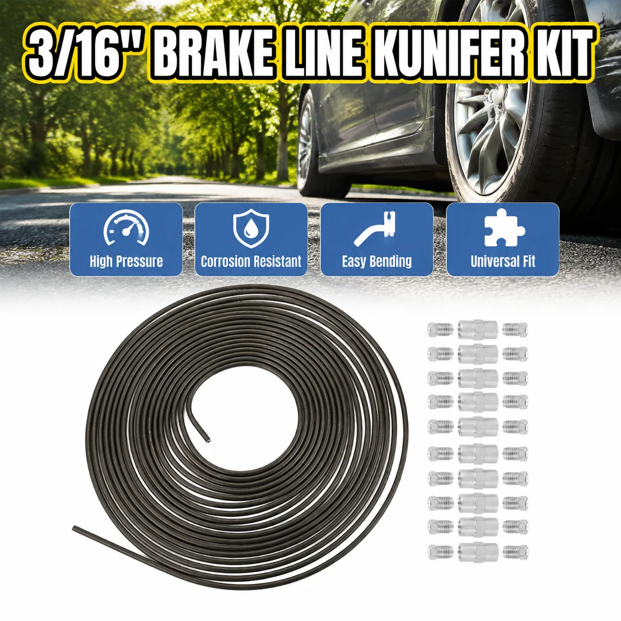 Kit de tuyau de frein hydraulique de 10 m avec 10 connecteurs, ensemble de remplacement de conduite de frein universelle pour voiture, tube en caoutchouc flexible, construction durable, installation facile, pour Volkswagen Golf, BMW série 3, la plupart des modèles