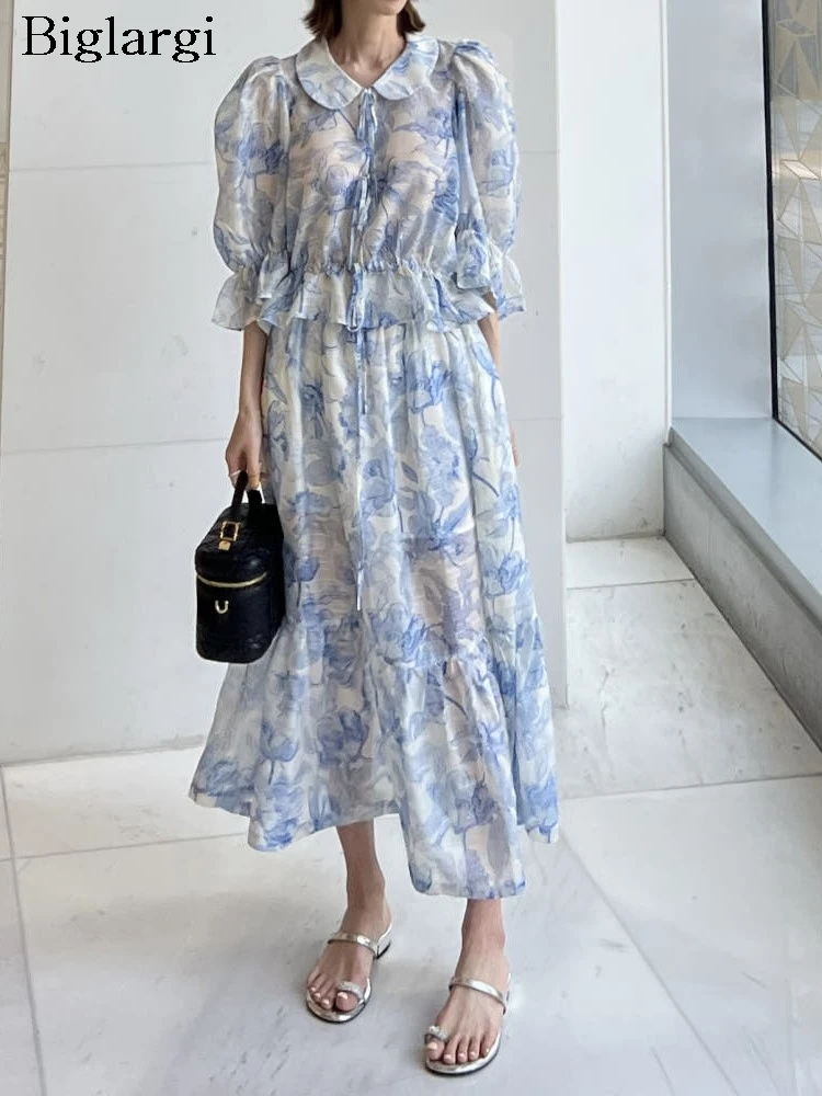 

Summer Floral Print 2 Two Piece Set Women Korean Style Pleated Ladies Blouses Fashion Ruffle Loose Woman Skirts