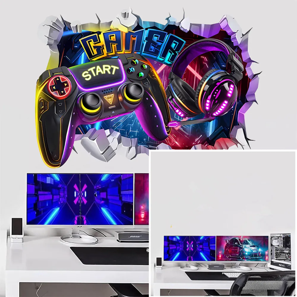 3D Gamer Broken Wall Hole Art Gamepad Headset Vinyl Stickers for Boy Room Kids Bedroom Gaming Zone Home Decor Game Poster Decal