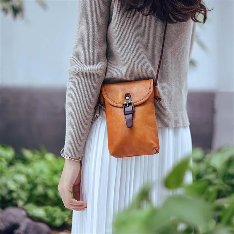 PNDME vintage daily genuine leather women's small phone bag fashion high quality first layer cowhide ladies crossbody bag