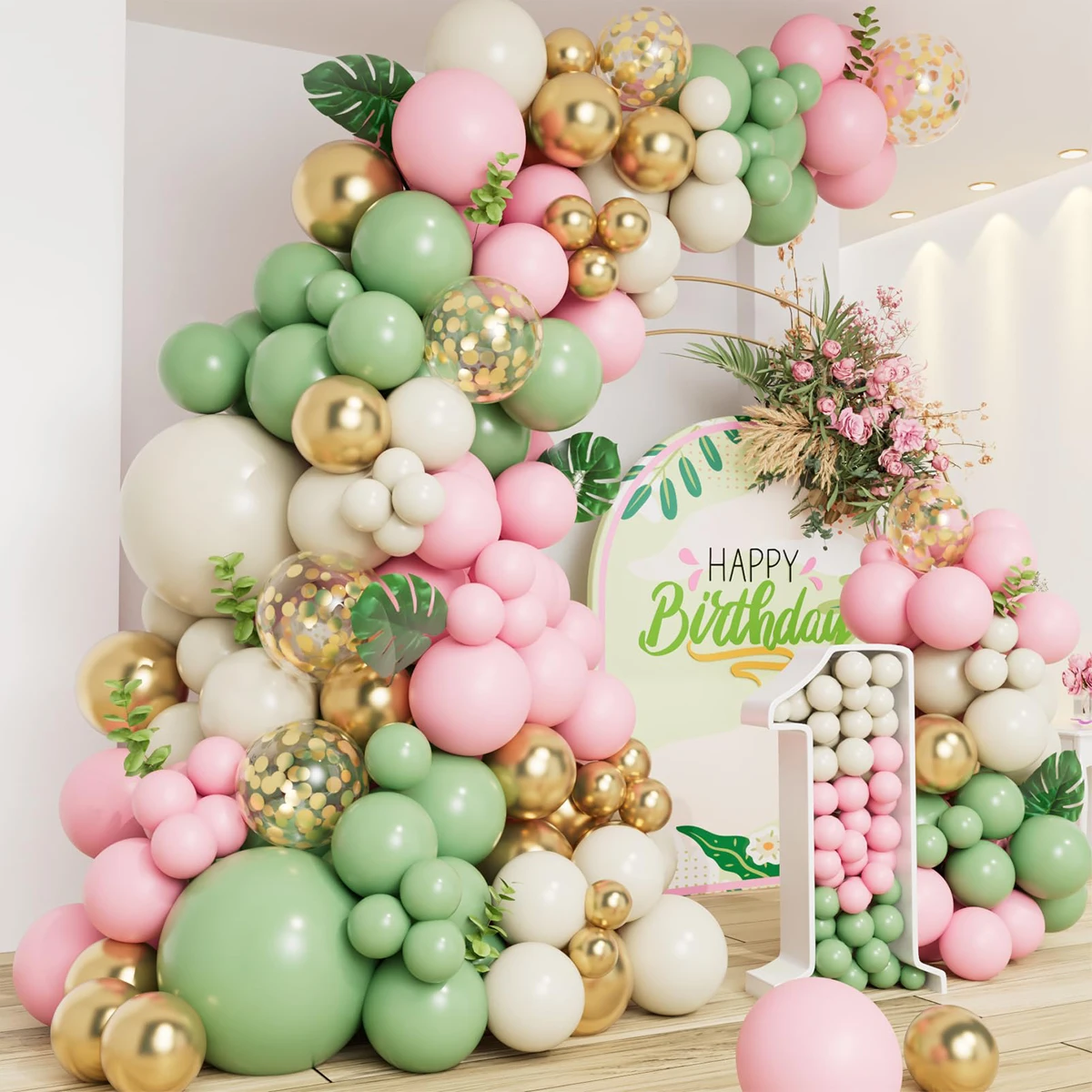 

Pink Green Balloon Garland Arch Kit Sand White Gold Latex Confetti Balloons for Baby Shower Wedding Birthday Party Decorations