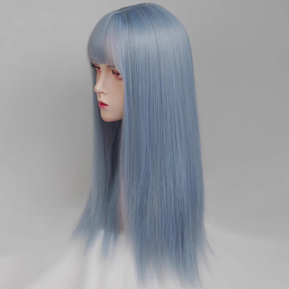 VICWIG Long Straight Light Blue Wigs with Bangs Synthetic Women Natural Lolita Cosplay Hair Wig for Daily Party