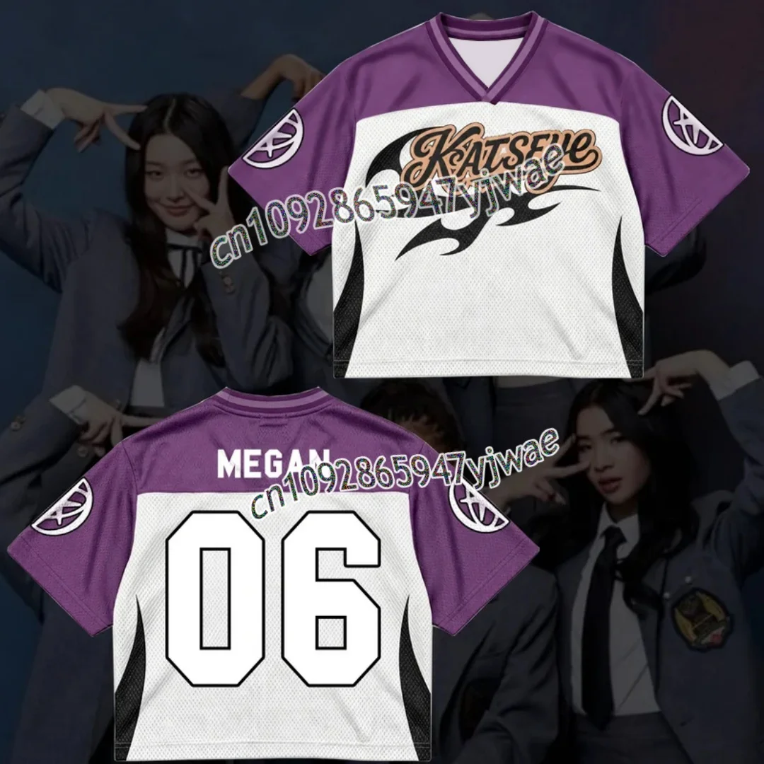 Modisches KATSEYE Purple Flame Streetwear Mesh-Trikot für Fans, Herbst, Herren- und Damen-Kurzarm-T-Shirt, Kpop Lara Sophia Fans Geschenk – Detail 7