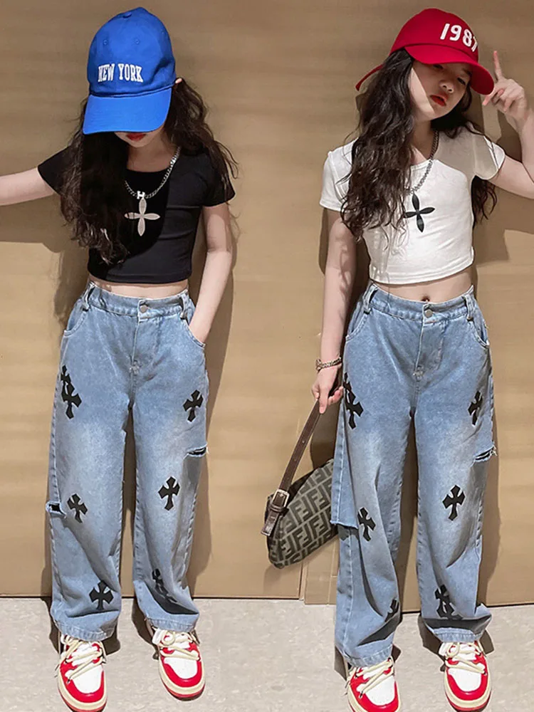 

Girls' Ripped Wide-leg Jeans Suit Summer 2022 New High-waisted Loose Design Sense of Mopping Pants Tide 7-12y