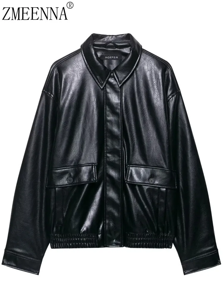 

ZMEENNA Women's Black Faux Leather Bomber Jacket Chic And Casual Button Up Outerwear With A Classic Collar ZM3917