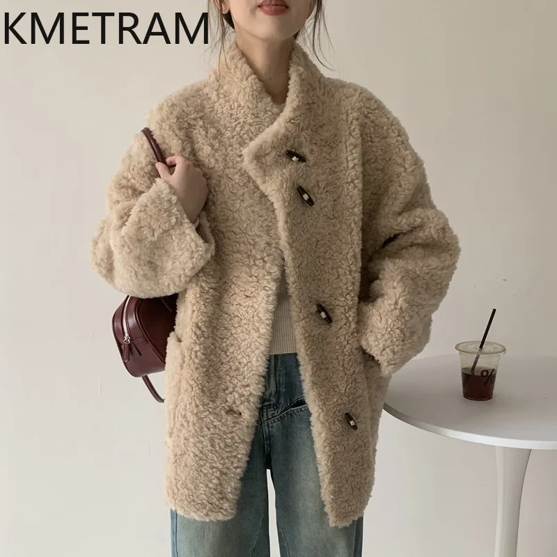 KMETRAM 100% Wool Coats Stand Collar Mid-Length Sheep Shearling Jacket 80cm Loose Winter Outerwears 2026 Woman Clothing jaqueta
