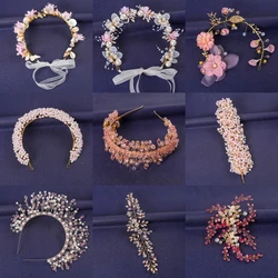 Pink Crystal Flower Hairband Tiara For Women Party Prom Pearl Headband Bridal Wedding Hair Accessories Jewelry Comb band Tiara