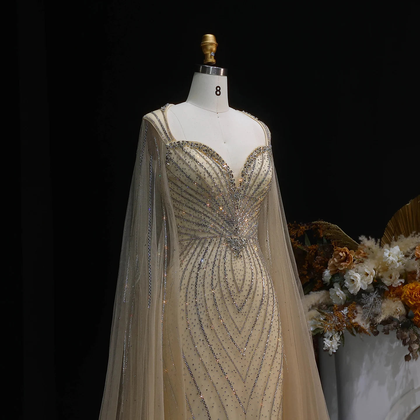Sharon Said Elegante Abendkleider mit Cape-Ärmeln, Perlenbesetzte Meerjungfrauenkleider, Arabische Luxus-Formelle Ballkleider für Damen SS130 Maßanfertigung – Detail 5