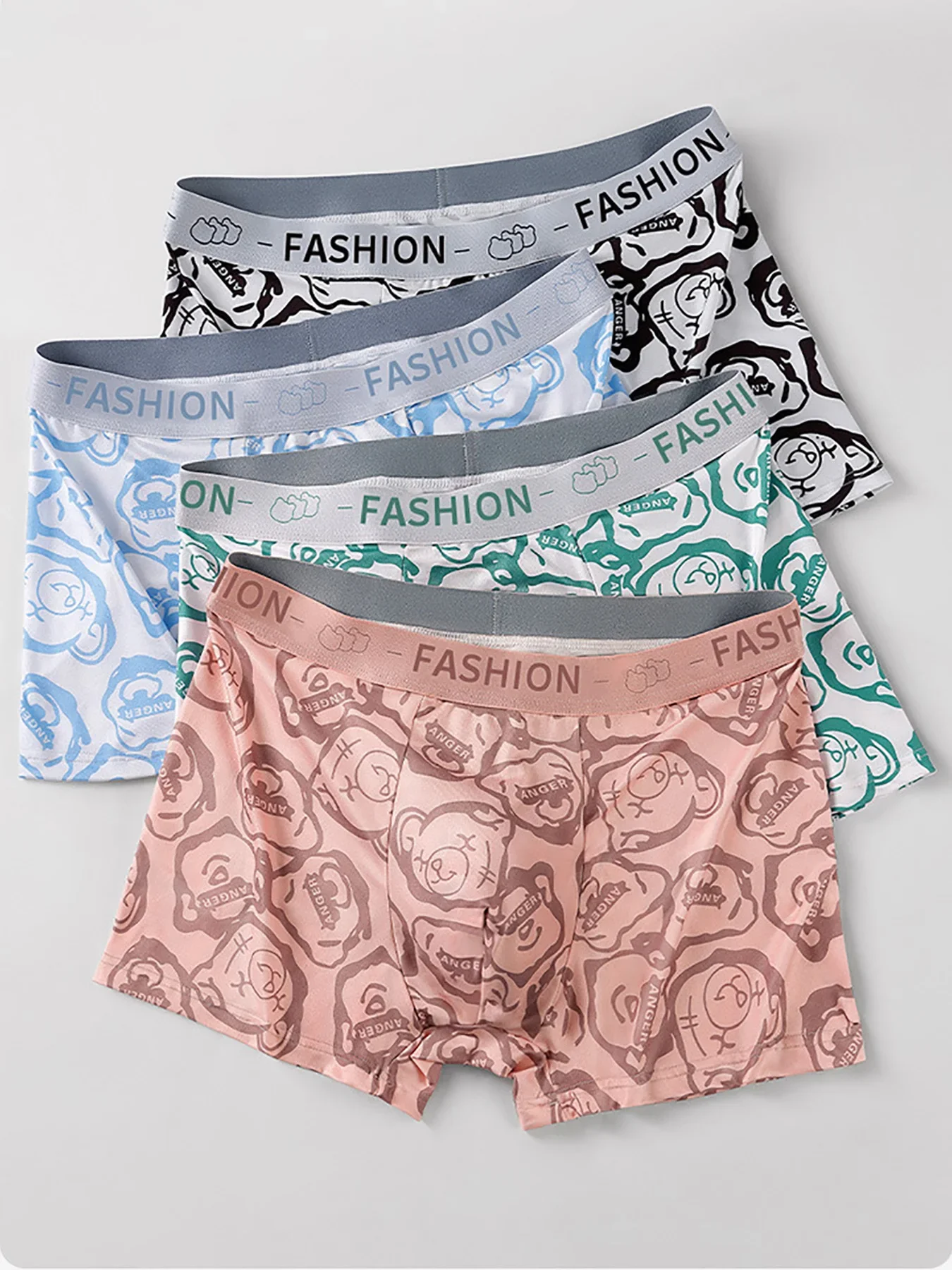 

【 4-piece set 】 Men's cartoon briefs with fun printed FASHION wide-brimmed waist breathable four-corner pants
