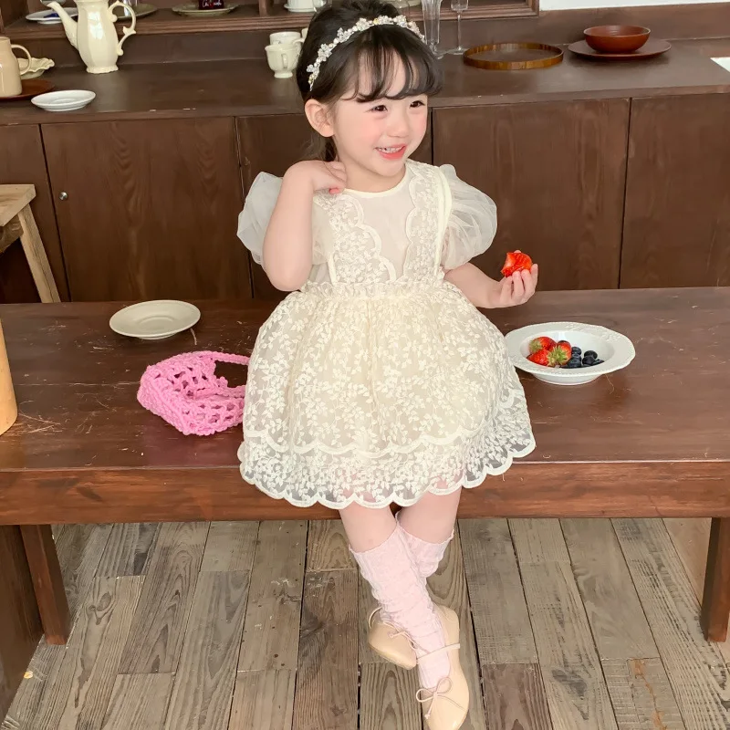 

Childrens Dress Girls Lace Princess Dress 2024 Summer Korean Edition Baby Beige Sweet and Gentle Princess Dress