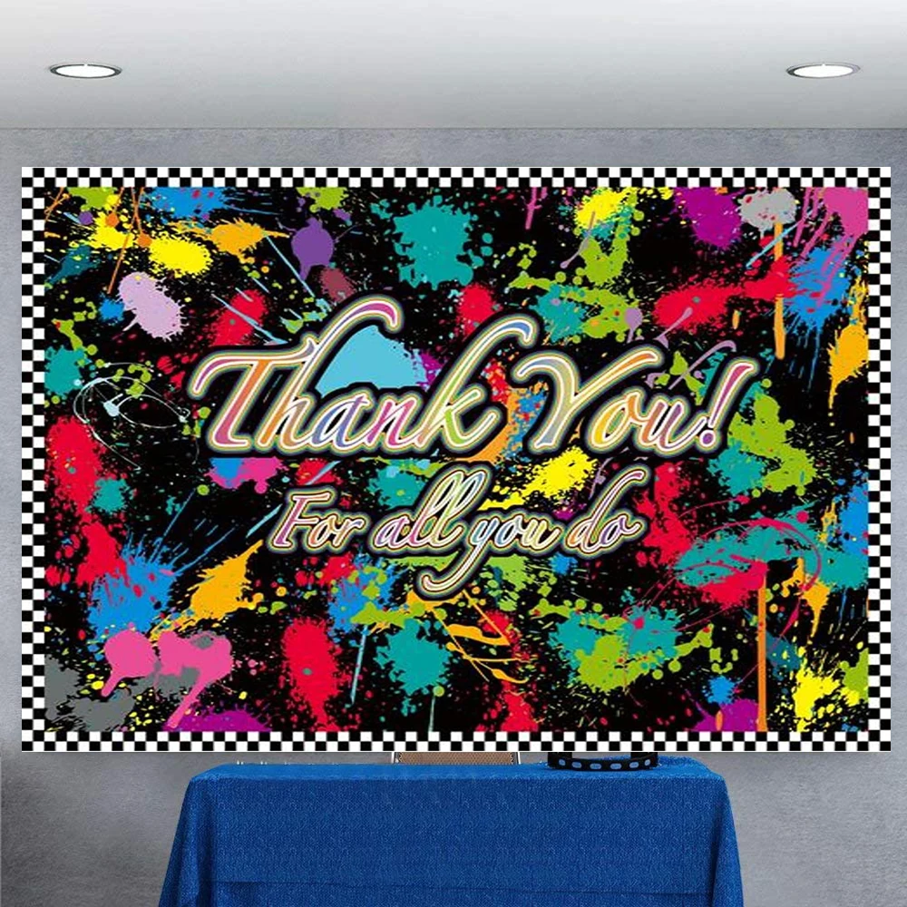 

Rainbow Thank You Photography Backdrop Doctors Teacher Staff Party National Nurse's Day Neon Graffiti Splash Paint Background