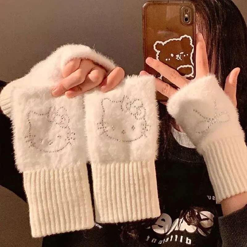 ﻿ Sanrio Hello Kitty Womens Half Finger Gloves Fashion Winter Warm Soft Knitted Gloves Casual Cartoon Christmas  New Year Gifts