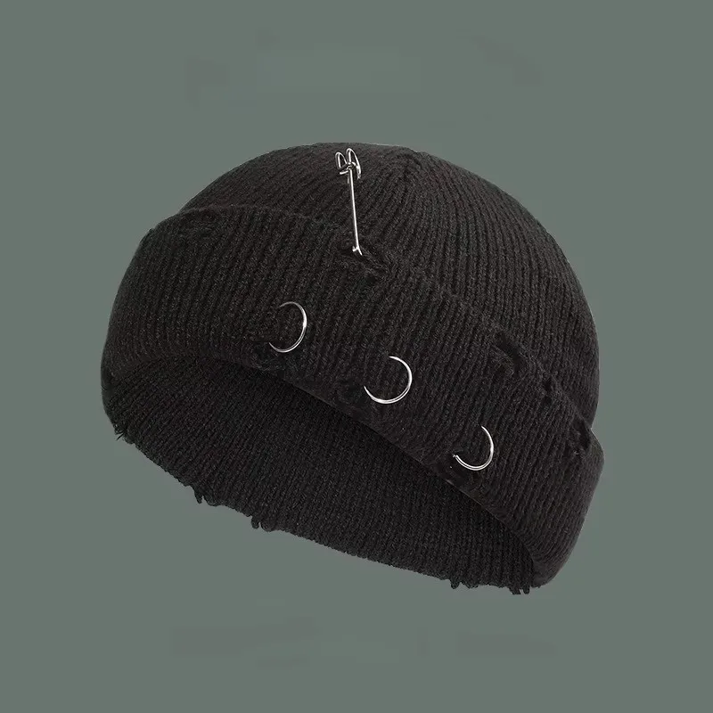 

9 Colors Fashionable Ladies Winter Warm Knitted Caps 3 Metal Ring Buckled Hat Cool Pure Hip Hop Hats for Women