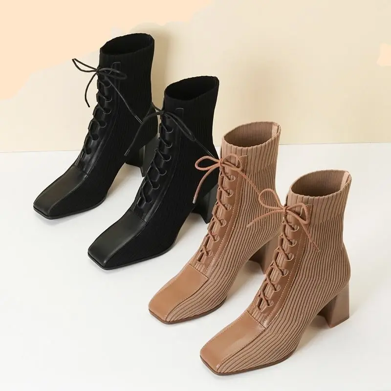 2022 Autumn and Winter New Fashion Stitching Knitted Elastic Stockings High Heels Women\'s Short Boots Square Toe