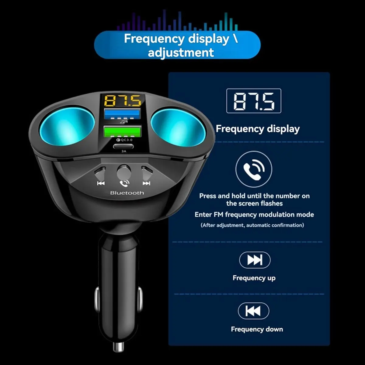 popop 66W USB Type C MP3 Player Car Charger One-to-Four FM Transmitter QC 3.0 Fast Charge Car Charger
