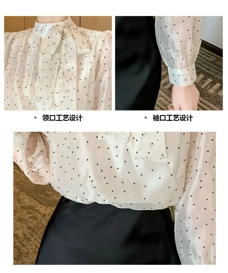 Polka Dot Long Sleeved Chiffon Shirt for Women\'s Clothing New Western-style and Age Reducing Bow Bow Ribbon Style Top