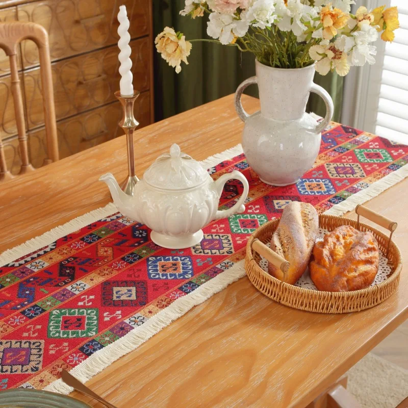 

Vintage Jacquard Cotton Linen Table Runner with Tassels, Ethnic Style Table Runner for Kitchen Dining Table Christmas Decoration