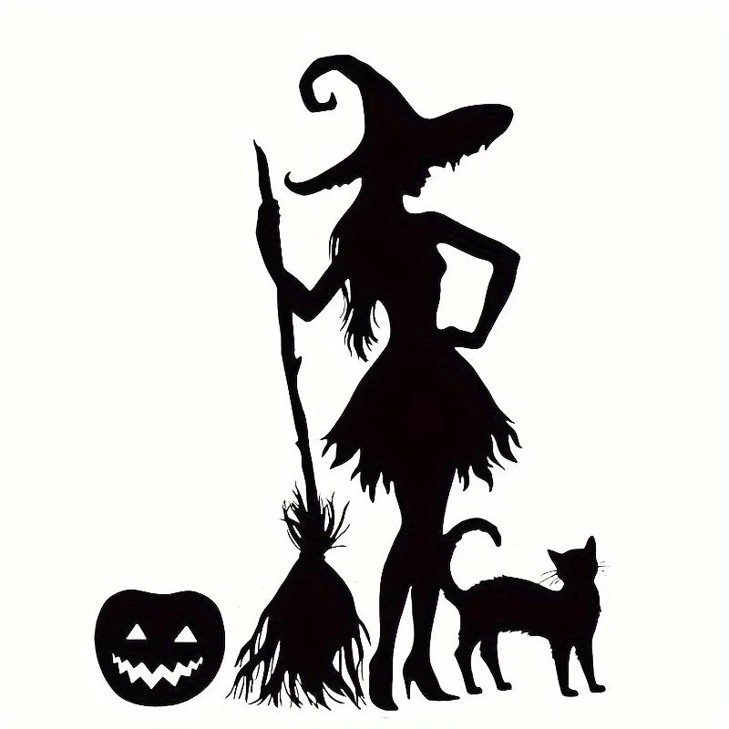 

1PC Gothic Witch Silhouette Sticker with Cat and Pumpkin, Great for Journals, Refrigerators, Skateboards, Lockers & Witch