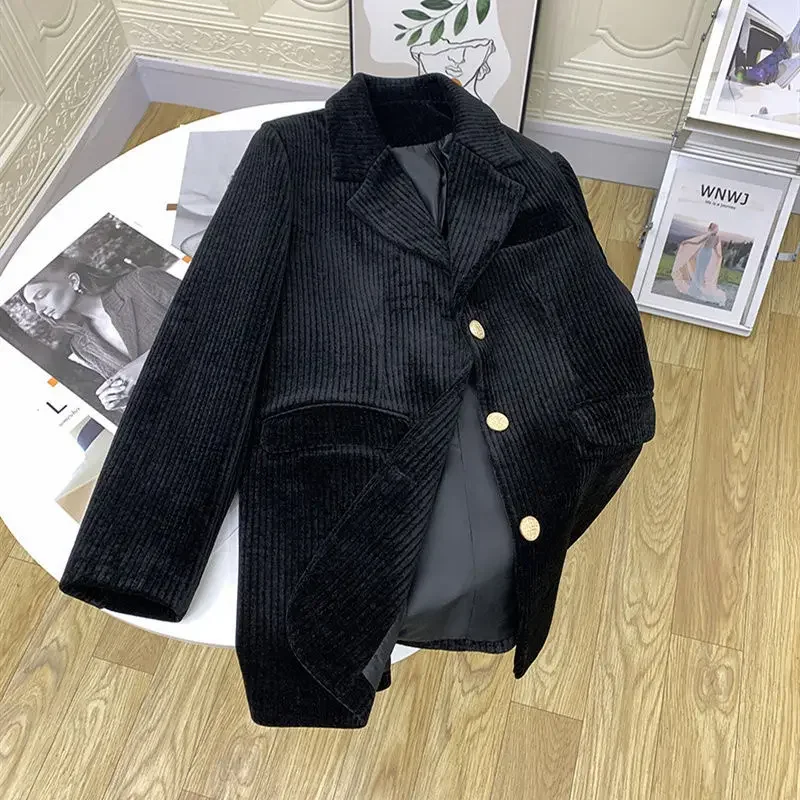 

UNXX 2024 Fall/Winter Short Corduroy Single-breasted Blazer Suit Coats Retro Casual Solid Color Loose Pit Strip Blazers Women's