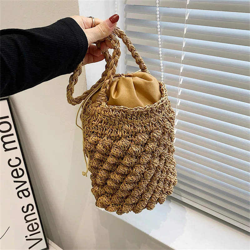 Yogodlns Summer Straw Shoulder Bag Women Large Capacity Rattan Bucket Bag Handmade Woven Beach Bag Fashion Vacation Handbag Tote