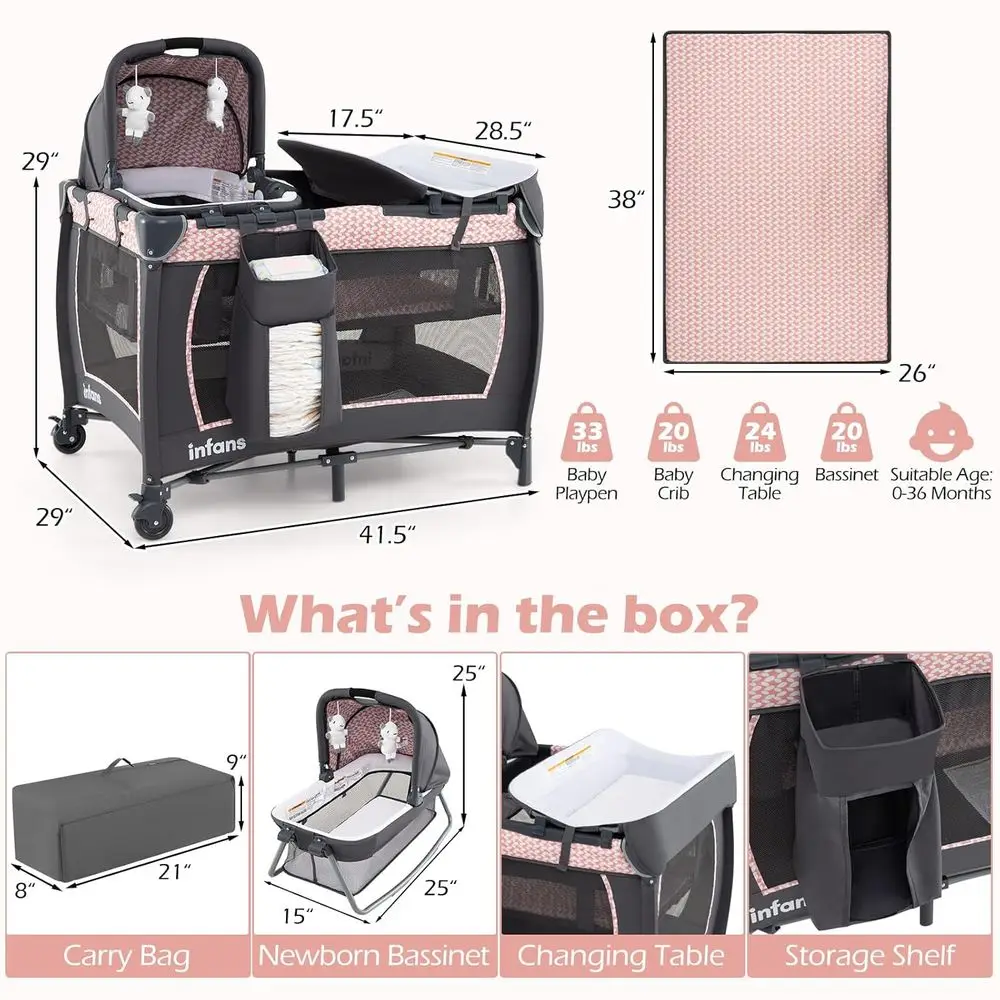 เปลเด็กอเนกประสงค์แบบพกพาพร้อมเปลนอน, ที่เปลี่ยนผ้าอ้อม, ที่นอน, ที่เก็บของ และของเล่น สีชมพู