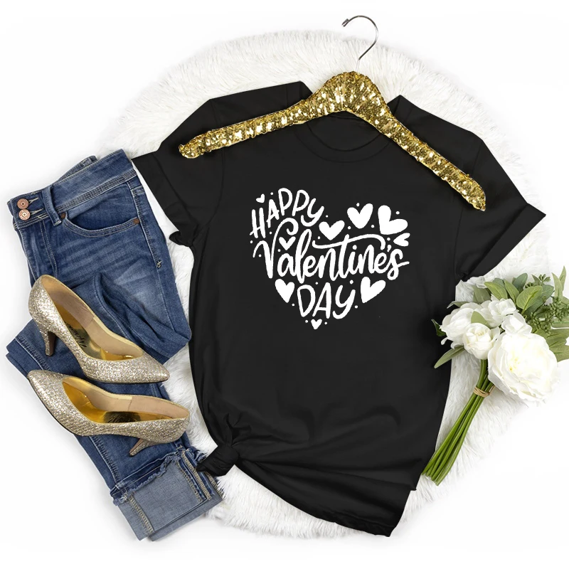 Happy Valentine's Day Crew Neck Short Sleeve T-shirt Women Heart Love Design Fashion Casual Tops Valentines Day Gifts T-shirts