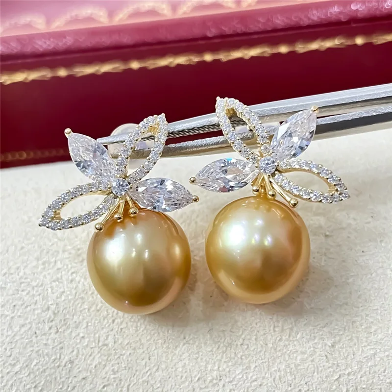 

18k Women Earring Beautiful Real 8-9mm 9-10mm Designer earring China Ocean gold Pearl Wedding Banquet Christmas Gift 080345