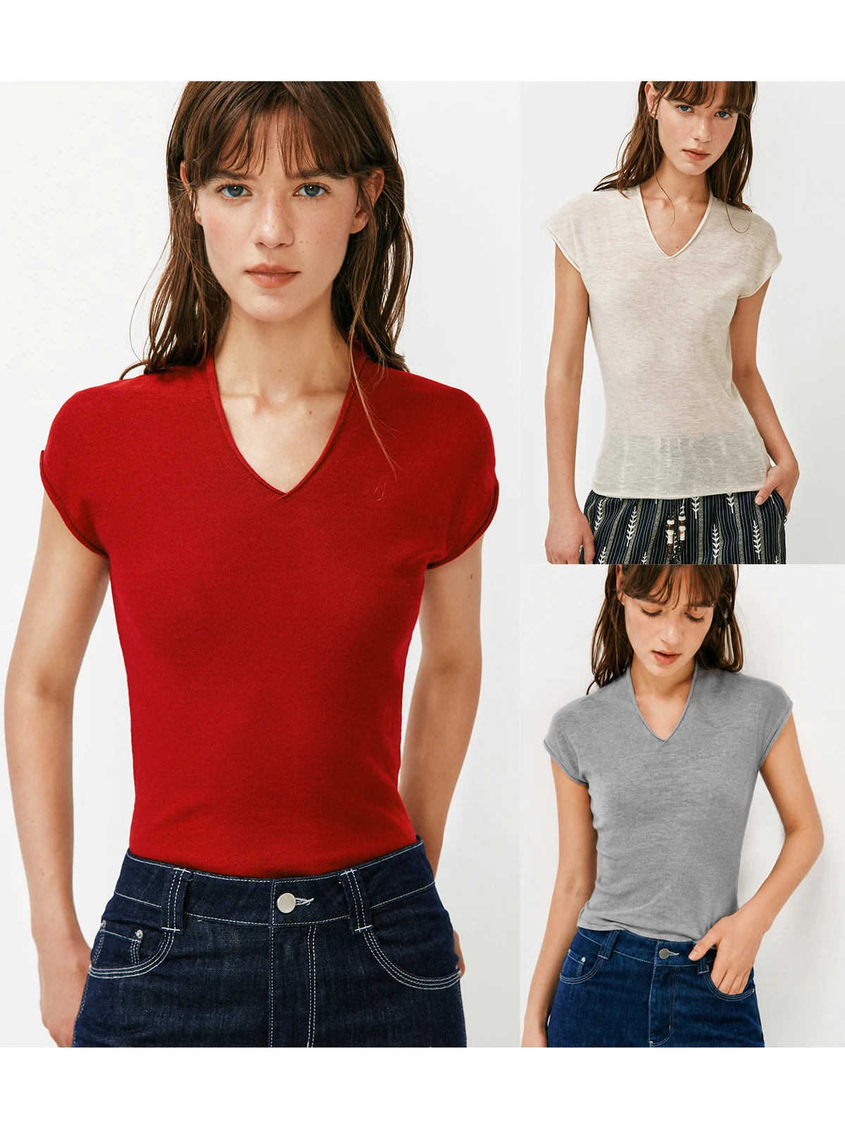 Classic Slim Fit Breathable Knitted Top Roll Cuff Sleeve Waist Cinching Slimming T-Shirt Casual Style Polyester Blend Short S...