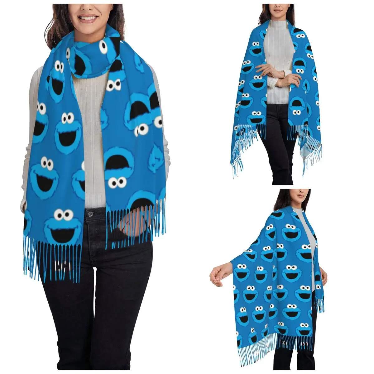 Cookie Monster Women's Scarf with Tassel Smiling Pattern Long Soft Warm Shawl and Wrap Daily Wear Cashmere Scarf