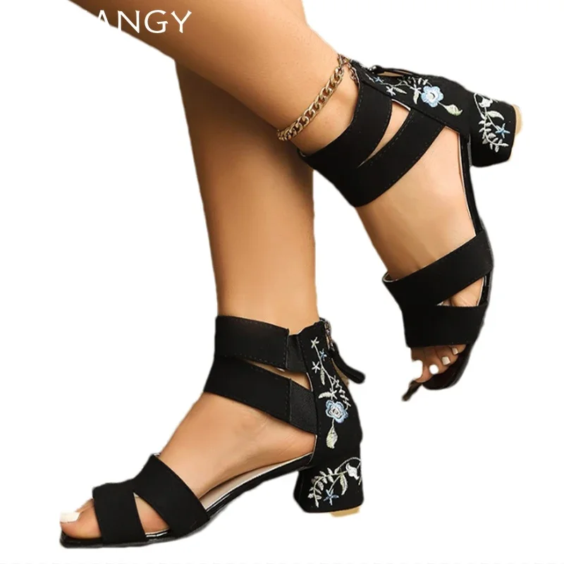 Chunky Women's Sandals Mid Heels Embroidery Designer Elegant Heels Shoes 2025 Summer Fashion Pumps Shoes Dress Mujer Zapatillas