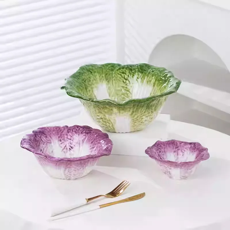 Cabbage Shaped Ceramic Bowl, Green Hand-Painted Serving Bowl, Multi-Use Bowl for Salad Noodles Snacks Soup Rice Fruit Dessert