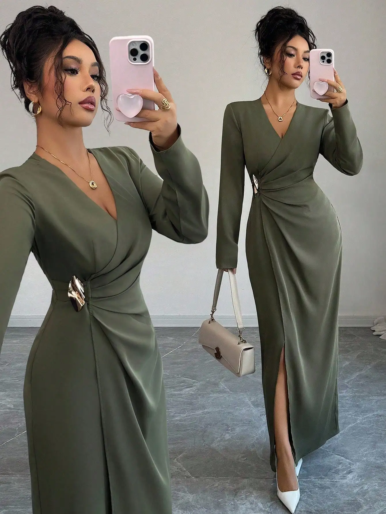 

Woman Elegant Wrap V Neck Maxi Dress Ruched Waist High Slit Long Sleeve Gown Sophisticated Mature Style Outfit for Formal Events