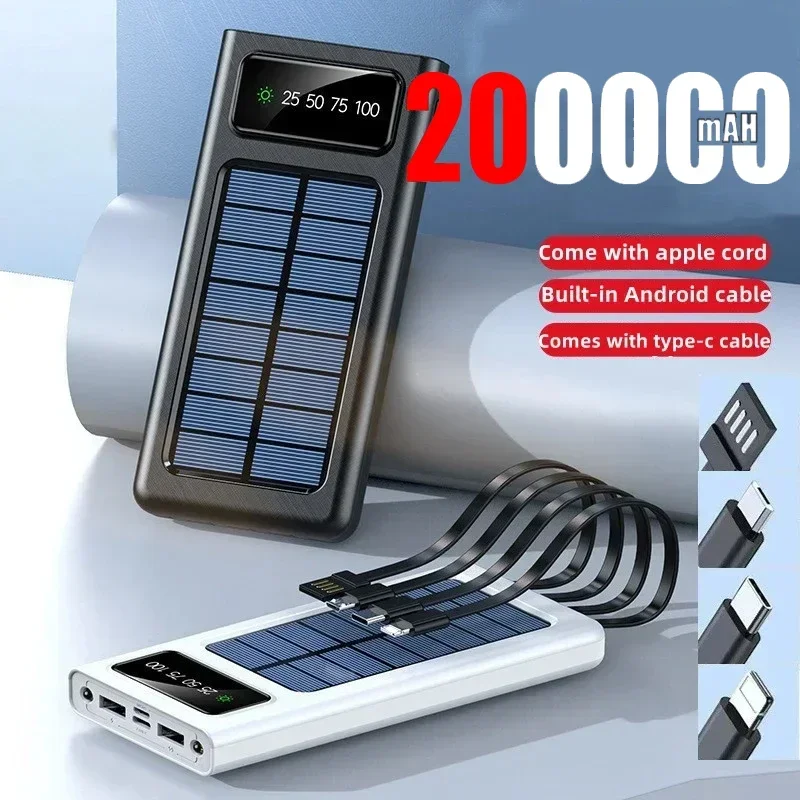 200000mAh Solar Power Bank Built Cables Fast Conveniente Charging USB Ports Charger Powerbank For iphone Samsung With LED Light