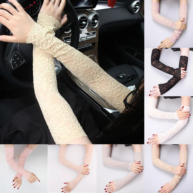 Women Long Lace Fingerless Mittens Covered Sexy Lace Summer Sunscreen Arm Sleeves Scar Elastic Sleeve Ladies Driving Gloves