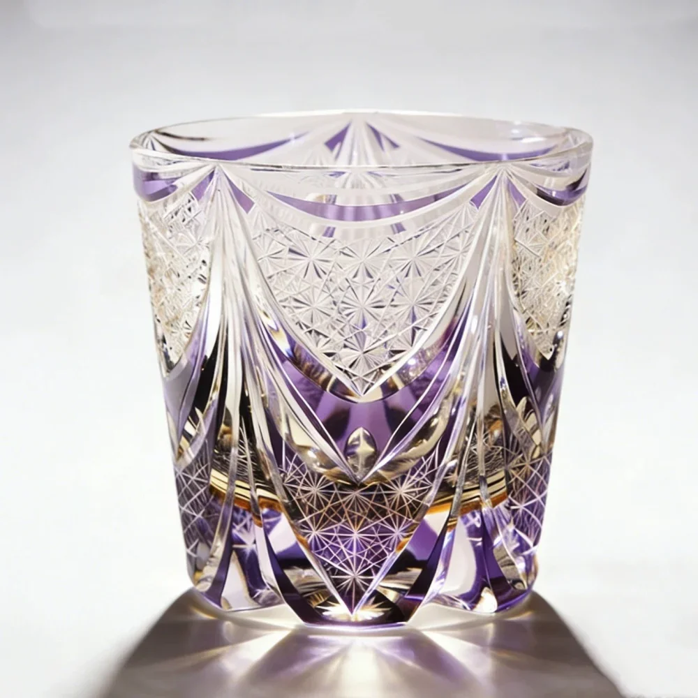 Handcrafted 320ml Whiskey Glass Tumbler Purple Blue Pink Edo Kiriko Cut Sails Design Barware for Gift