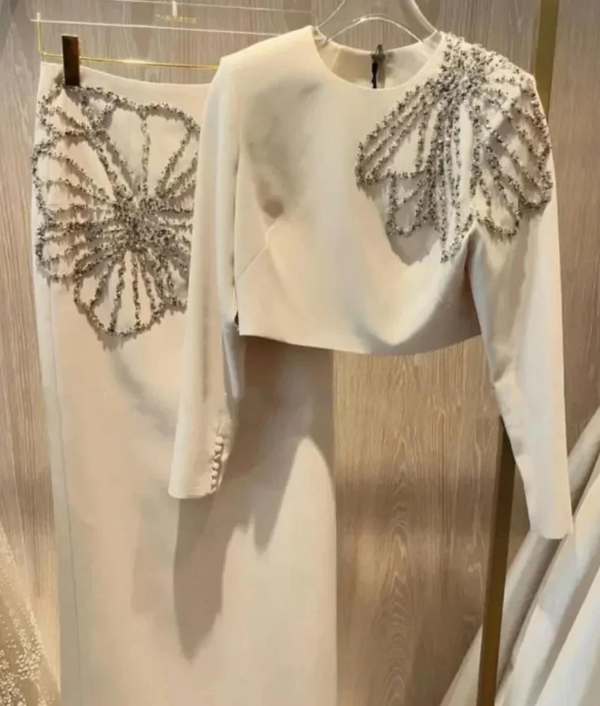 

Customized Formal Jersey Straight Sequined Beading Flowers Evening Dress Temperament O-neck Long Sleeves Women Wedding Gowns