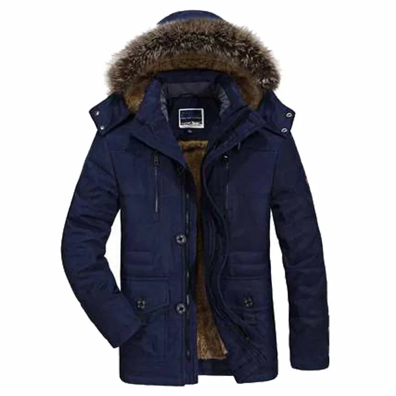 Men Padded Cotton Coat Thicken Men Winter Coat Plush Fur collar Hooded Long Outdoor Jakcket Wool Liner Hooded Jacket Snow Parkas